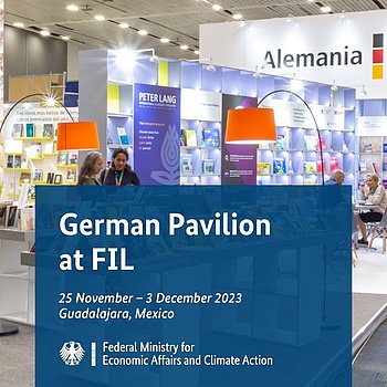 FIL 2023: Banner German Pavilion mit Information zum Messestand während der Buchmesse in Guadalajara, Mexiko ★ Universal Art Group